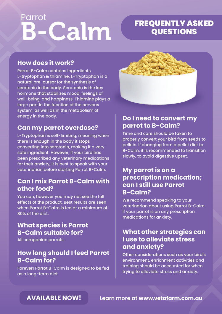 Parrot B-Calm (Vetafarm): Parrot Stress Relief & Bird Anxiety Relief in a Complete Diet